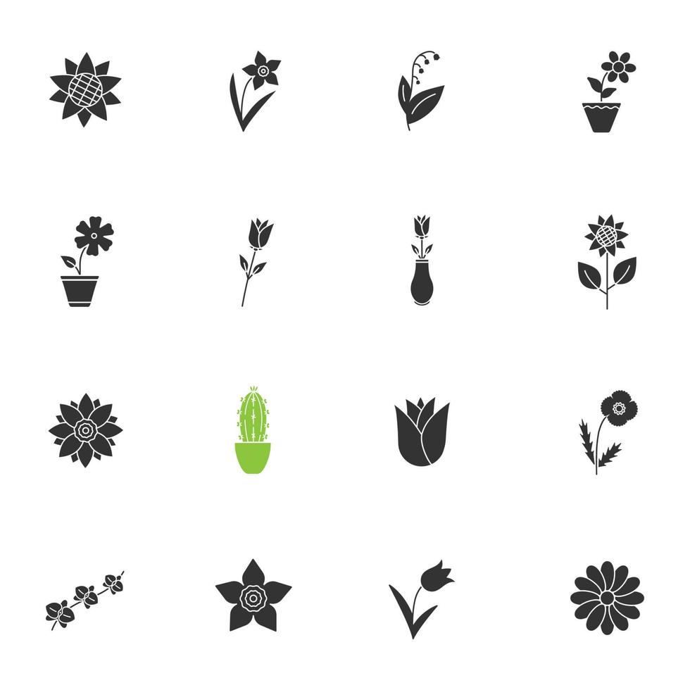 conjunto de iconos de glifos de flores. jardín, salvaje, plantas de interior. símbolos de silueta. florecientes flores decorativas. vector ilustración aislada