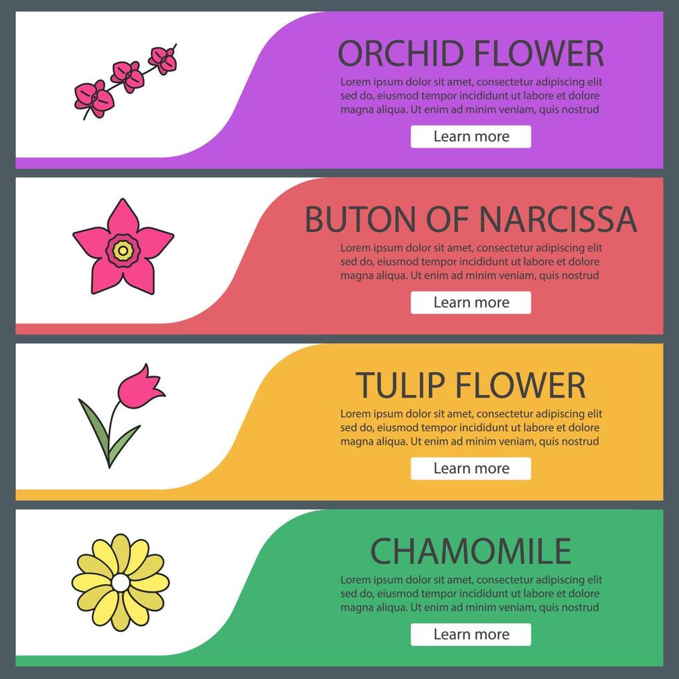 Flowers web banner templates set. Orchid branch, narcissus head, tulip, chamomile. Website color menu items. Vector headers design concepts