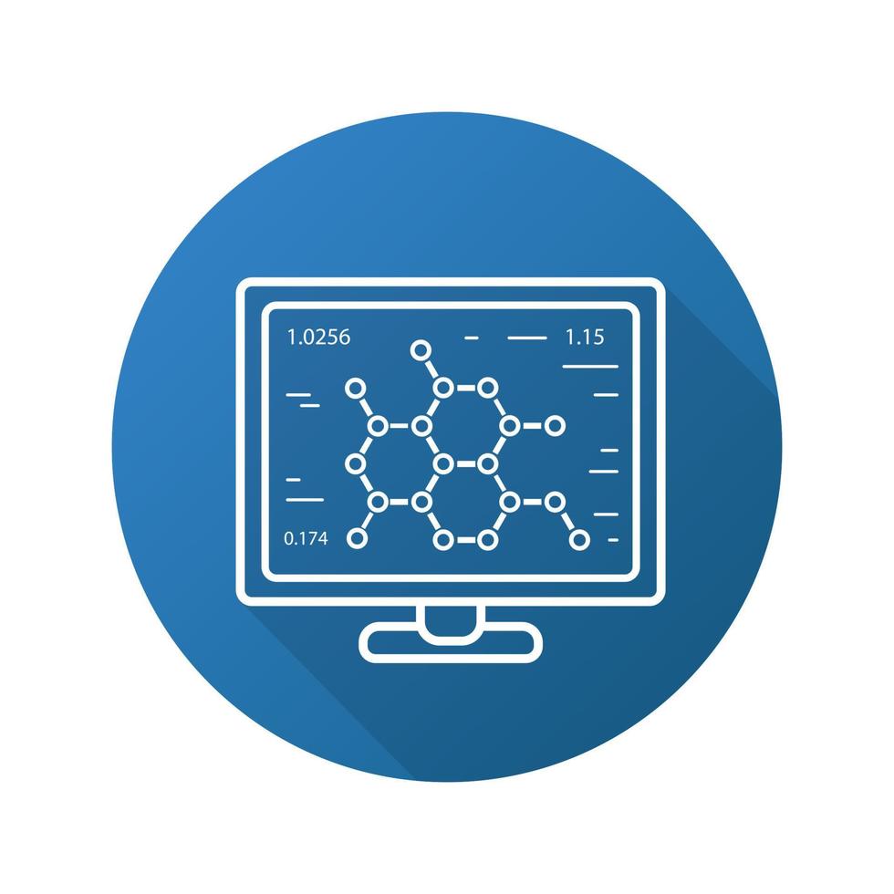 Laboratory computer flat linear long shadow icon. Molecular structure. Vector outline symbol