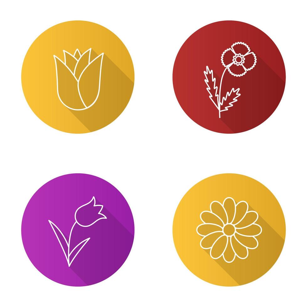Flowers flat linear long shadow icons set. Rosebud, poppy, tulip, chamomile. Vector outline illustration