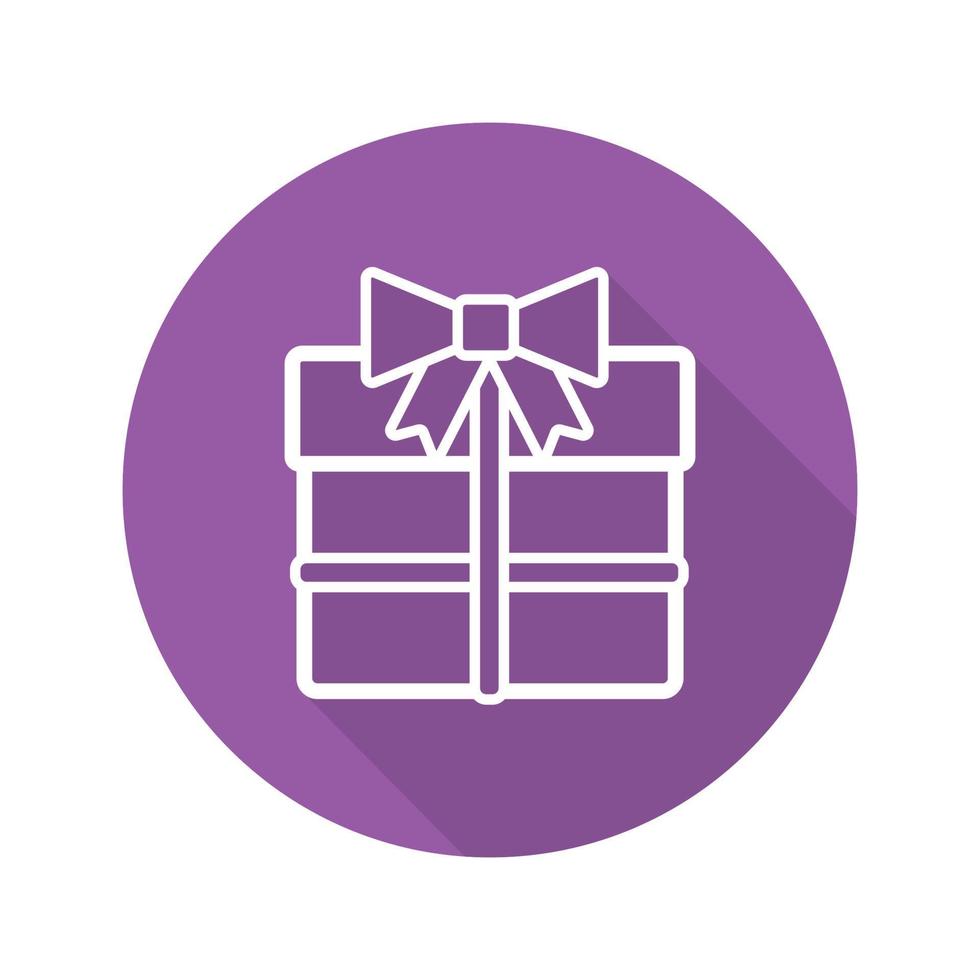 Gift box flat linear long shadow icon. Present box with bow and ribbon. Vector outline symbol