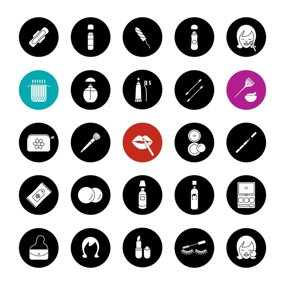 Cosmetics accessories glyph icons set. Hygienic care products. Toiletries. Makeup. Vector white silhouettes illustrations in black circles
