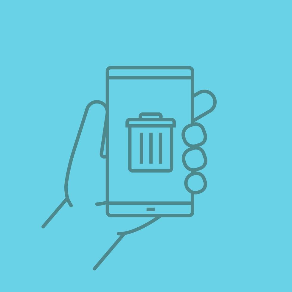 Hand holding smartphone linear icon. Smart phone data delete app. Thin line outline symbols on color background. Vector illustration