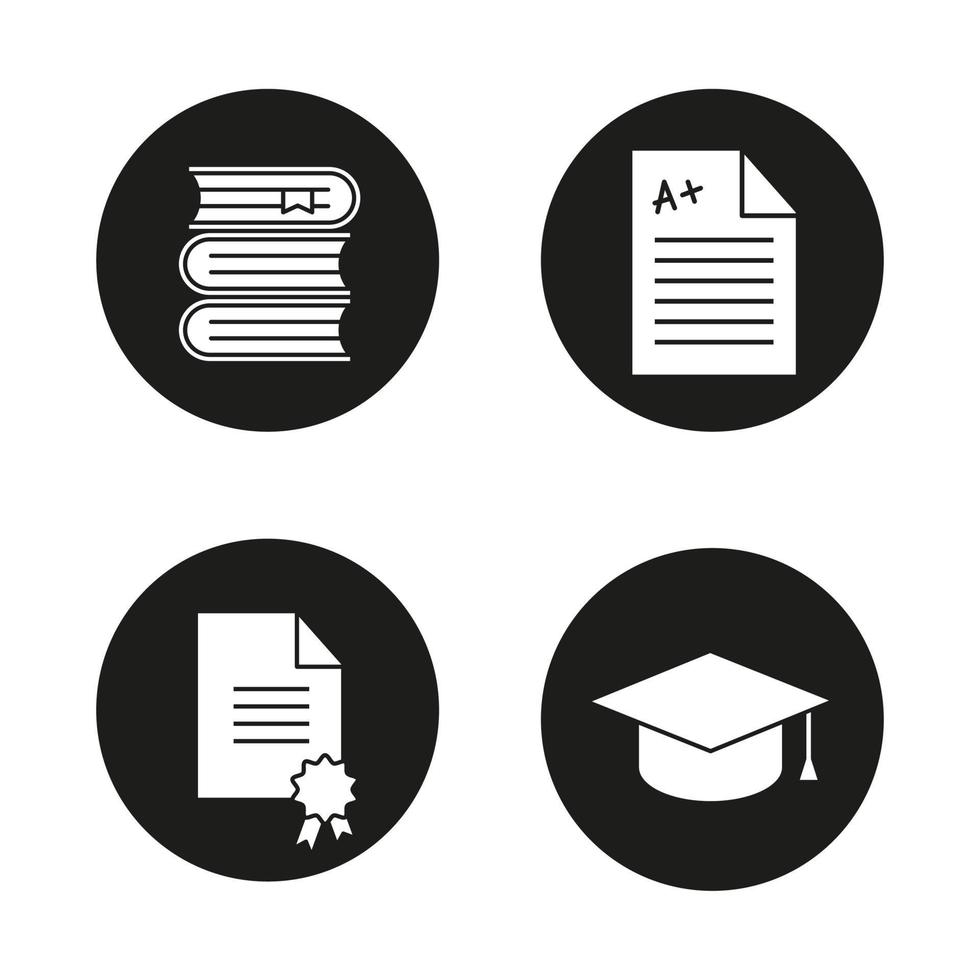 High education glyph icons set. Student's graduation hat, diploma, test with excellent mark, books stack. Vector white silhouettes illustrations in black circles