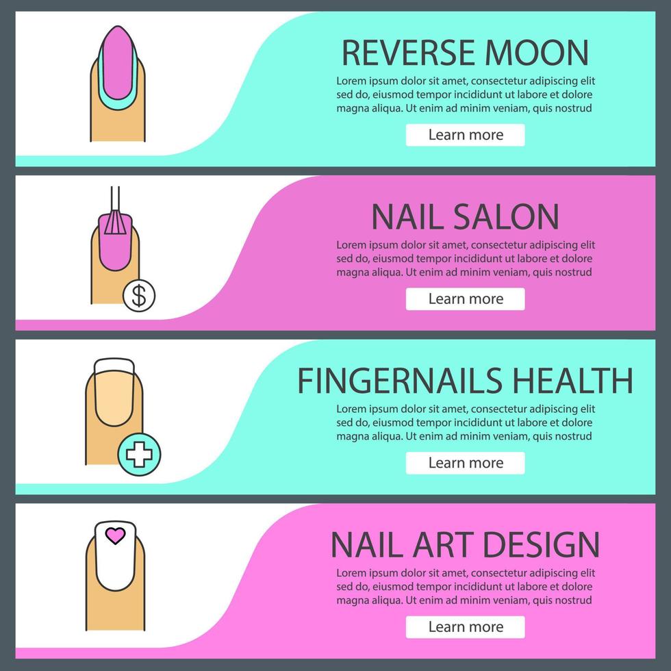 Manicure web banner templates set. Nail polishing price, fingernails health, reverse moon manicure, woman's nail with heart shape. Website color menu items. Vector headers design concepts
