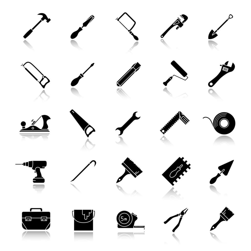 Construction tools drop shadow black glyph icons set. Renovation and repair instruments. Spanner, shovel, hammer, paint brush, crowbar, measuring tape, paint brushes. Isolated vector illustrations