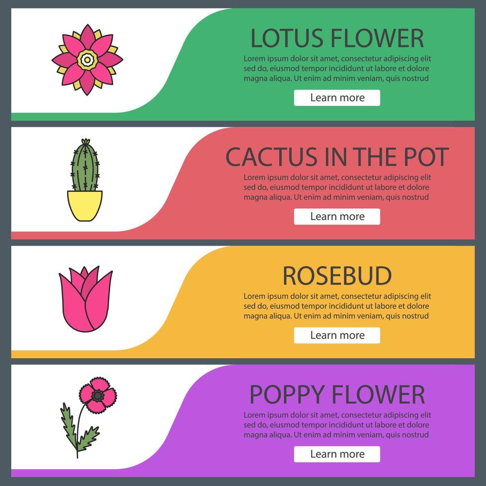 Flowers web banner templates set. Lotus, cactus in flowerpot, rosebud, poppy. Website color menu items. Vector headers design concepts