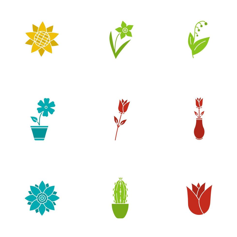 Flowers glyph color icon set. Sunflower head, daffodil, may-lily, hibiscus, roses, lotus, cactus, rosebud. Silhouette symbols on white backgrounds. Negative space. Vector illustrations