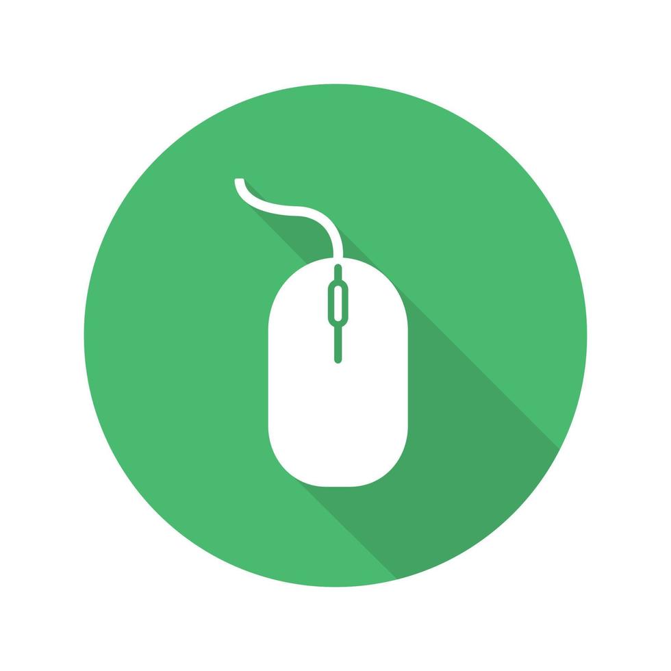 Computer mouse flat design long shadow glyph icon. Vector silhouette illustration
