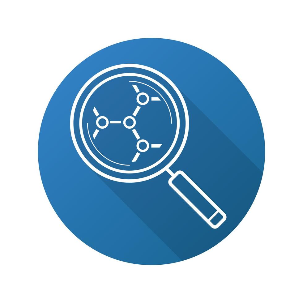 Icono de larga sombra lineal plana de análisis de estructura molecular. lupa. símbolo de contorno vectorial vector