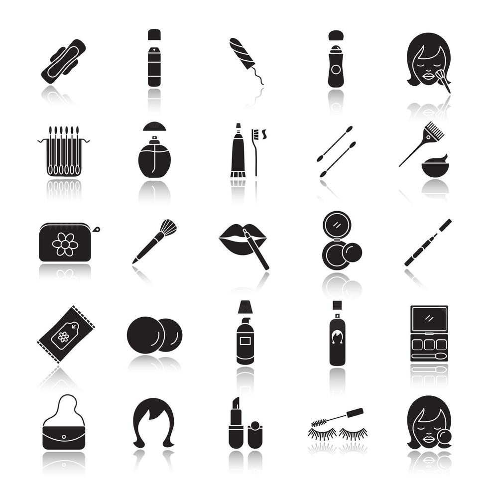 Cosmetics accessories drop shadow black glyph icons set. Women goods. Hygienic care products. Toiletries. Makeup. Isolated vector illustrations