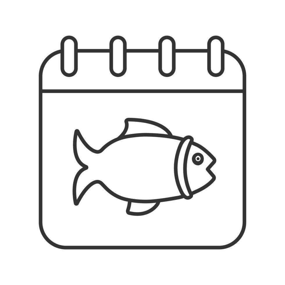 Fishing day linear icon. Thin line illustration. Calendar page with fish. Contour symbol. Vector isolated outline drawing