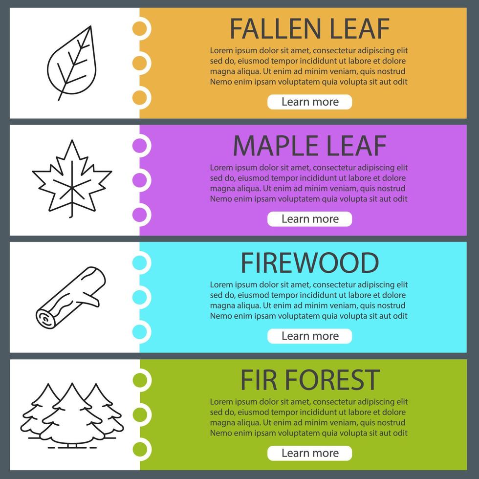 Conjunto de plantillas de banner web de bosque. hoja de arce, abetos, leña. elementos del menú de color del sitio web con iconos lineales. conceptos de diseño de encabezados vectoriales vector