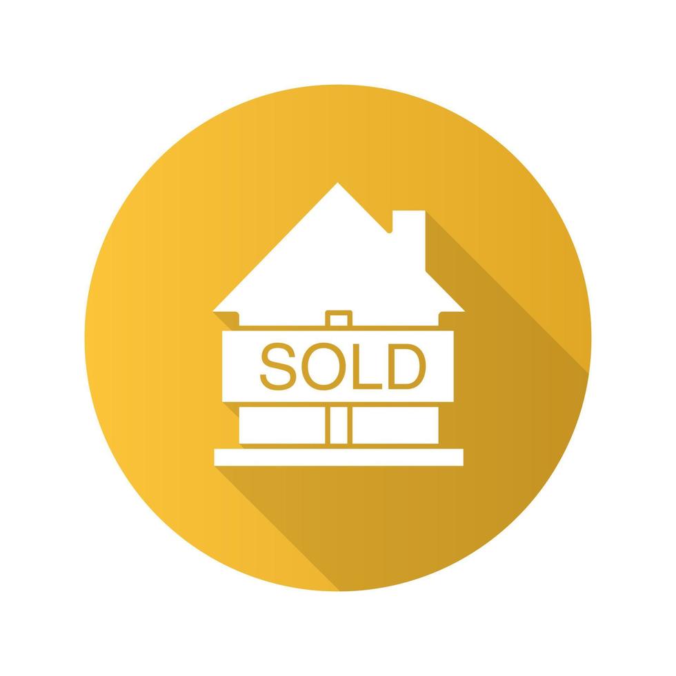 Sold house flat design long shadow glyph icon. Real estate purchase. House with sold sign. Vector silhouette illustration