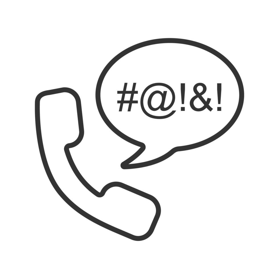 Offensive phone talk linear icon. Thin line illustration. Handset with censored swearing words inside chat bubble. Cursing contour symbol. Vector isolated outline drawing