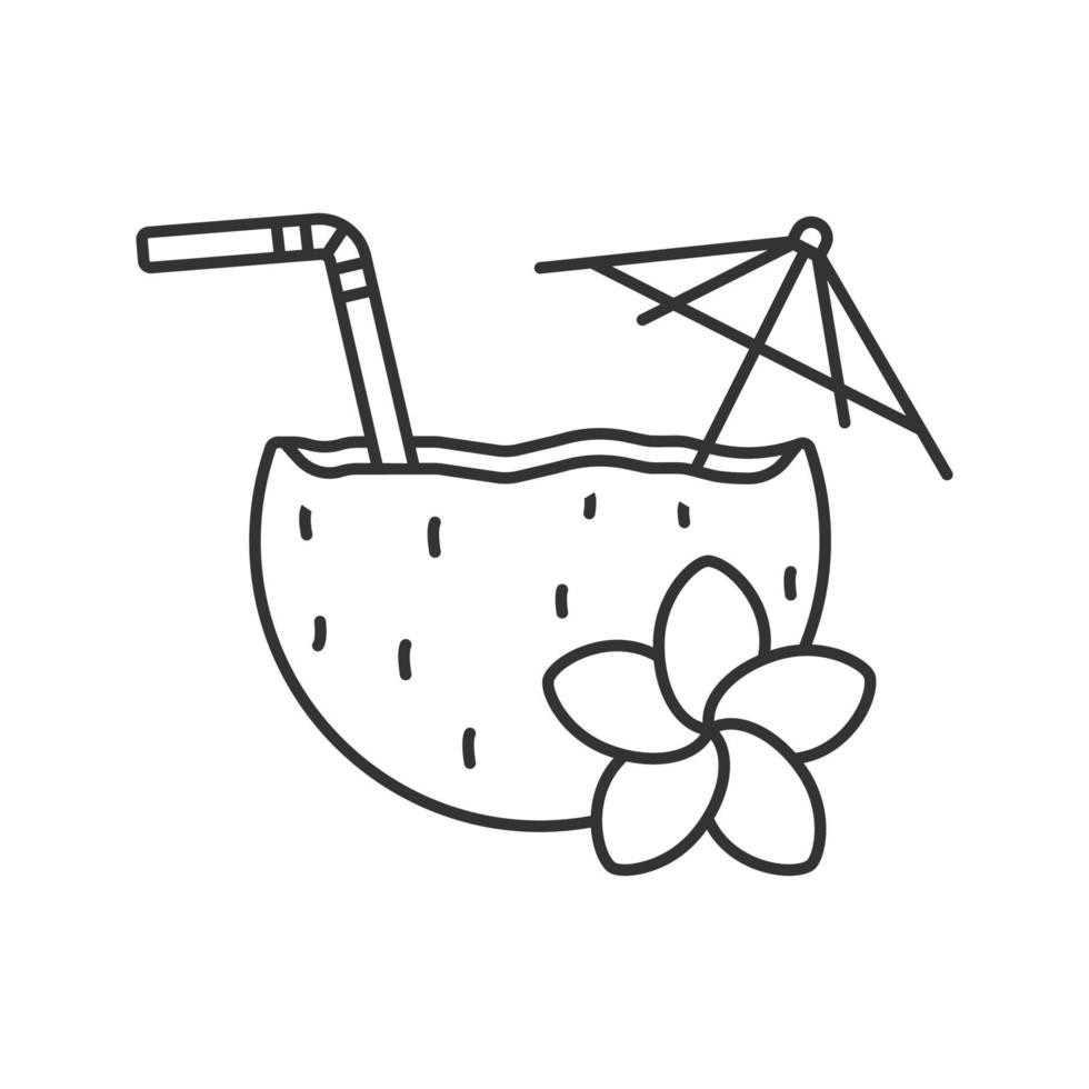 Beach cocktail linear icon. Thin line illustration. Pina colada cocktail with straw, umbrella and plumeria flower. Contour symbol. Vector isolated outline drawing