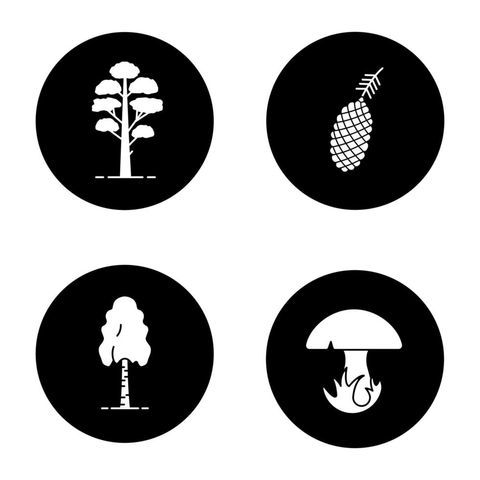 Trees glyph icons set. Pine cone and tree, birch, mushroom. Vector white silhouettes illustrations in black circles