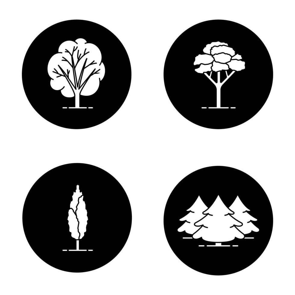 Trees glyph icons set. Fir forest, poplar, maple trees. Vector white silhouettes illustrations in black circles