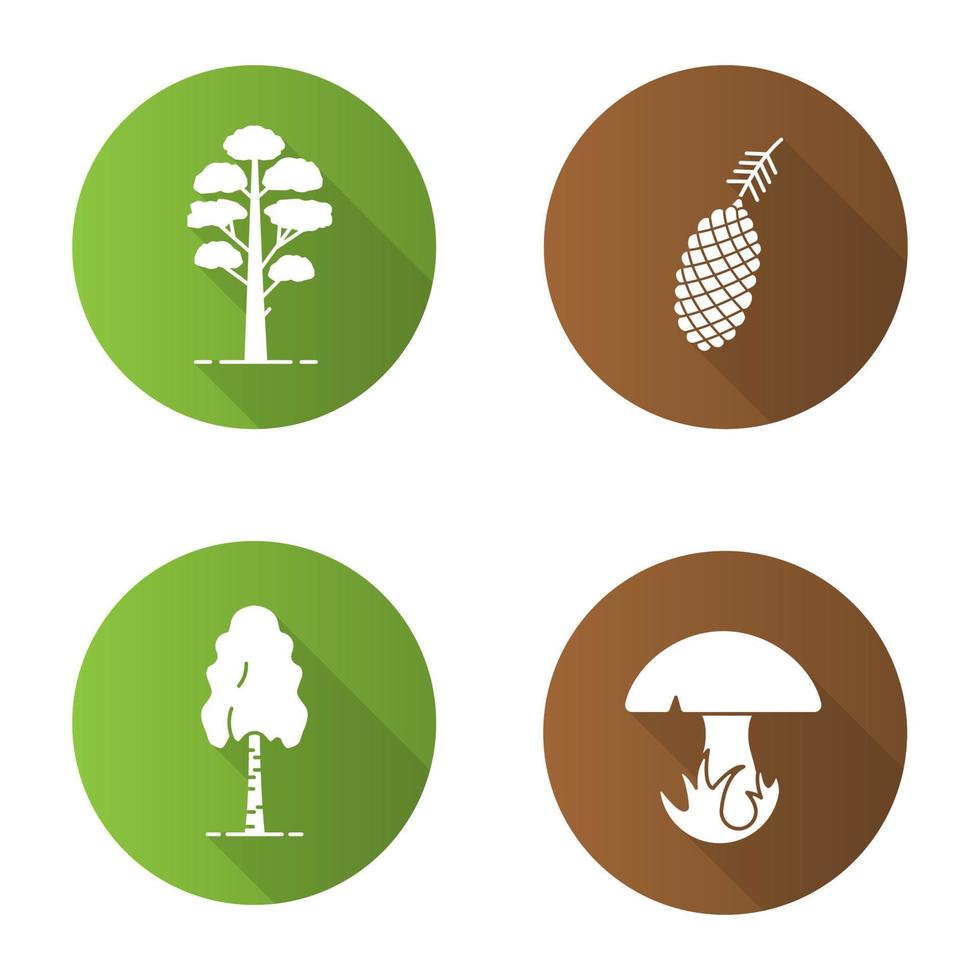 Conjunto de iconos de glifos de larga sombra de diseño plano forestal. cono de pino y árbol, abedul, seta. ilustración de silueta de vector