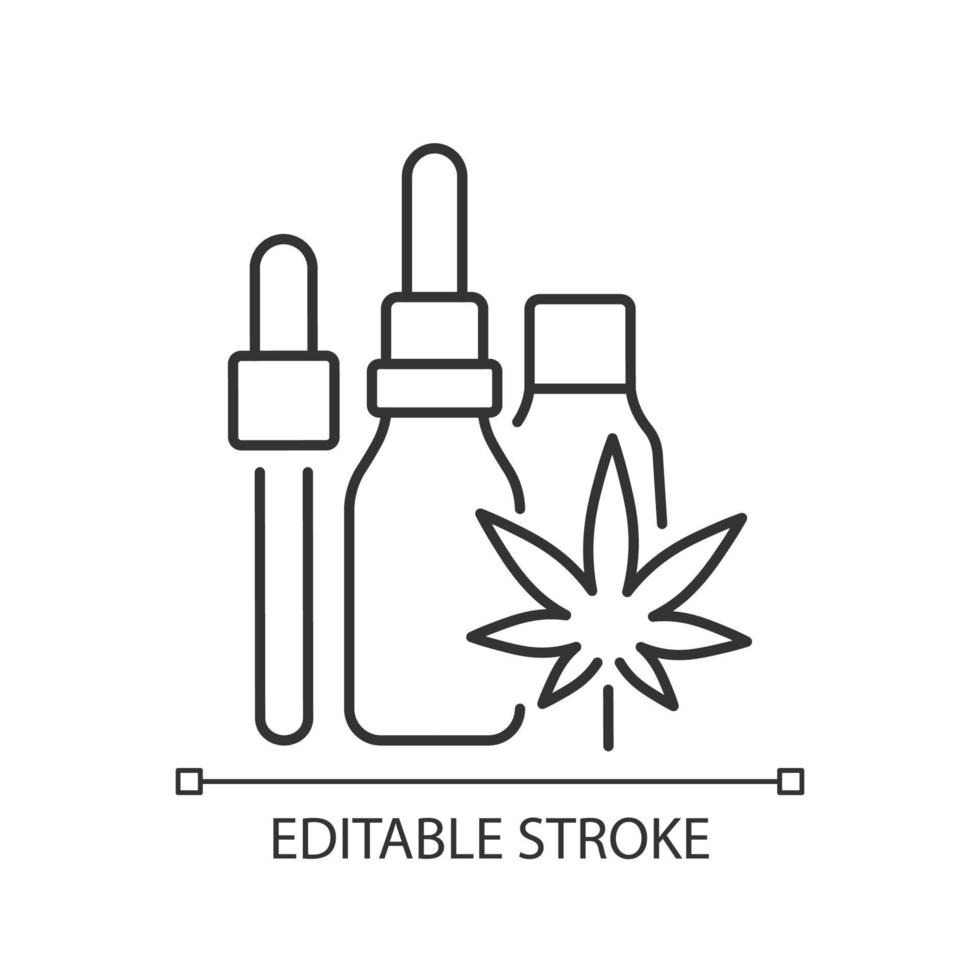 Hemp oil tincture linear icon. Marijuana extract. Medicinal cannabis. Concentrated liquid. Thin line customizable illustration. Contour symbol. Vector isolated outline drawing. Editable stroke