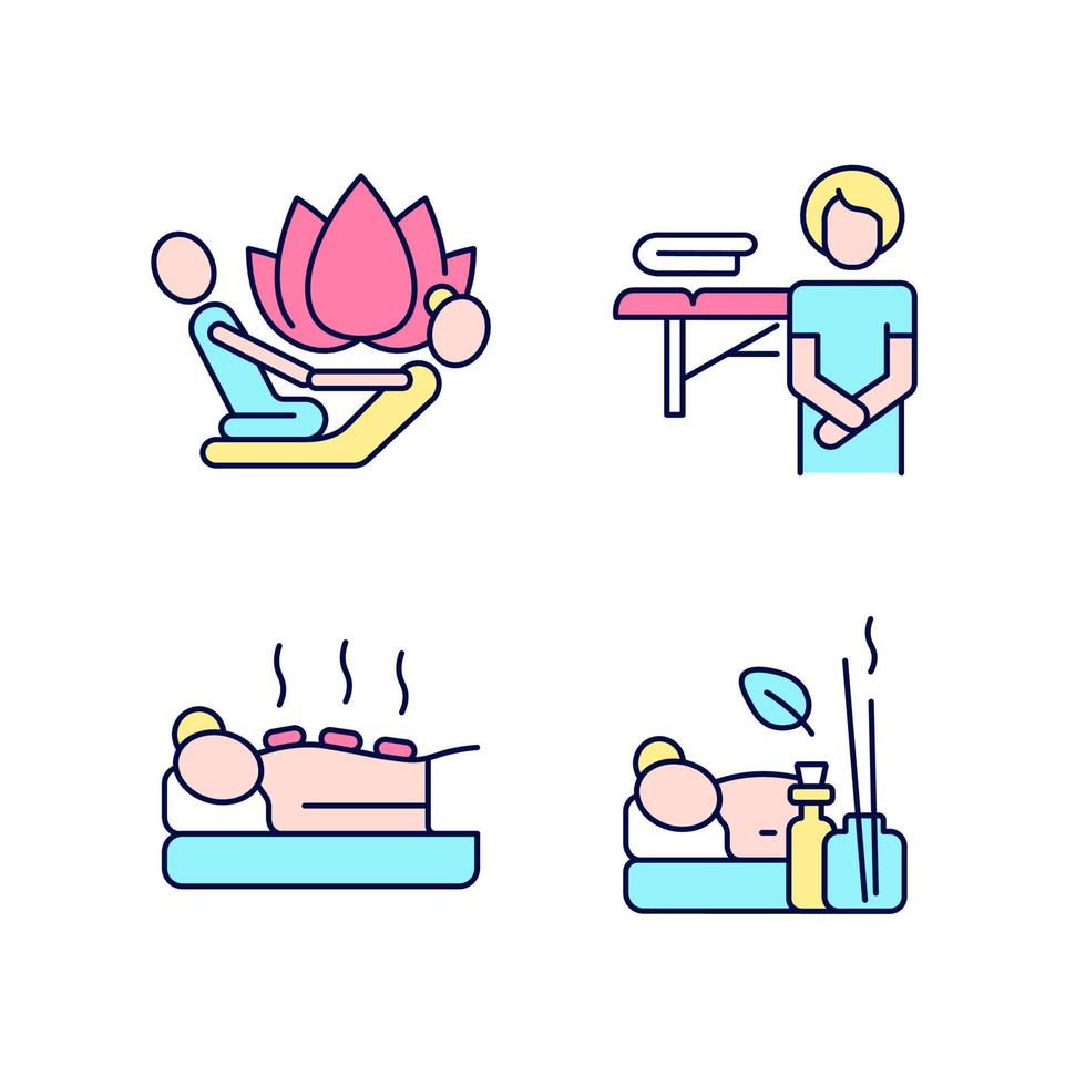 Beauty procedures RGB color icons set. Stretching techniques. Massage practitioner. Applying heated stones. Isolated vector illustrations. Simple filled line drawings collection. Editable stroke