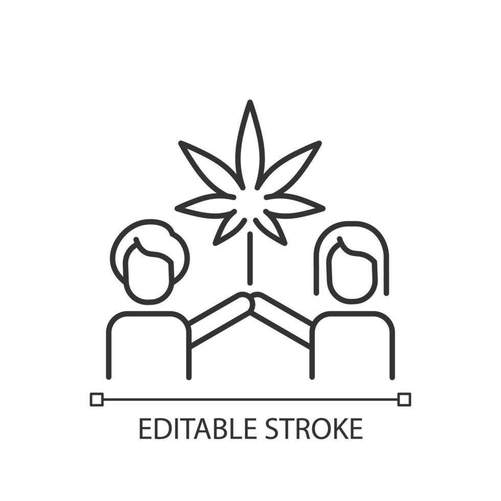 Cannabis culture linear icon. Recreational marijuana use. Social movement. Legal consumption. Thin line customizable illustration. Contour symbol. Vector isolated outline drawing. Editable stroke