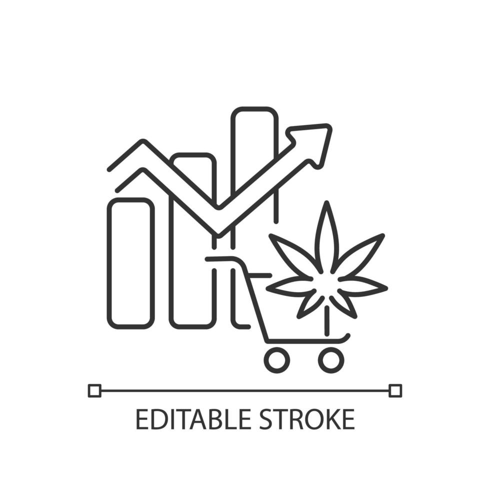 Global legal marijuana market linear icon. Spikes in cannabis consumption. Increased revenue. Thin line customizable illustration. Contour symbol. Vector isolated outline drawing. Editable stroke