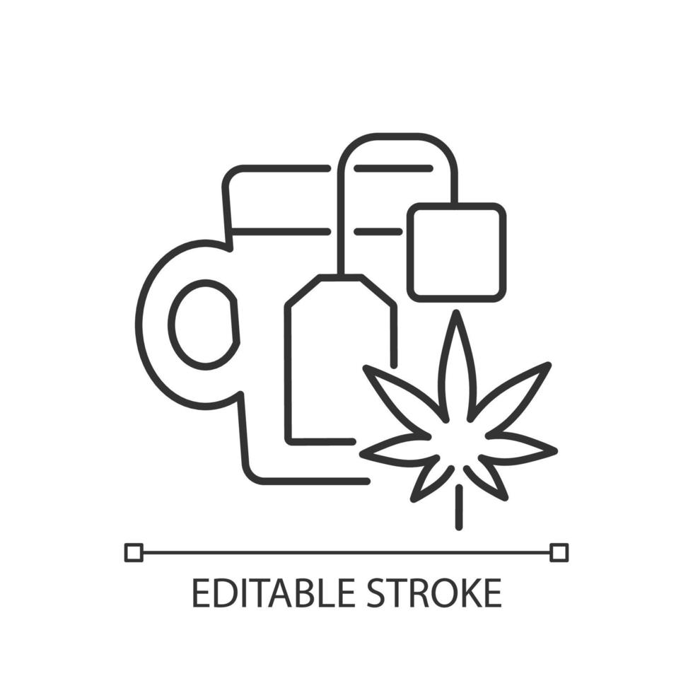 Weed tea linear icon. Medical cannabis decoction. Drinking herbal beverage. Depression relief. Thin line customizable illustration. Contour symbol. Vector isolated outline drawing. Editable stroke