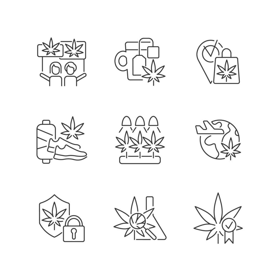 Cannabis usage linear icons set. Marijuana culture. Recreational use. Hemp selling and shipping. Customizable thin line contour symbols. Isolated vector outline illustrations. Editable stroke