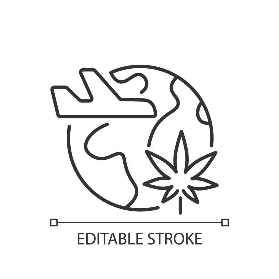 Cannabis tourism linear icon. Marijuana tours. Travel industry. Cannabis tourist attraction. Thin line customizable illustration. Contour symbol. Vector isolated outline drawing. Editable stroke