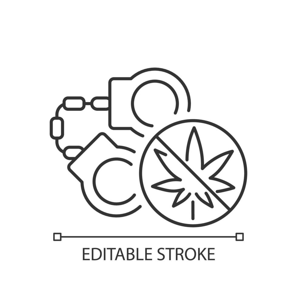 Marijuana arrests linear icon. Drug law violation. Cannabis criminalization. Criminal penalties. Thin line customizable illustration. Contour symbol. Vector isolated outline drawing. Editable stroke