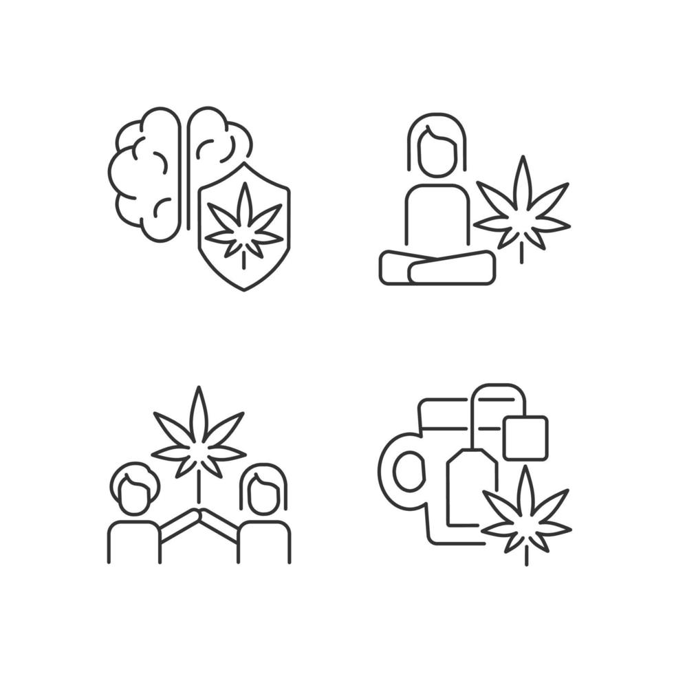 Cannabis and mental health linear icons set. Marijuana brain protection. Antidepressant effects. Customizable thin line contour symbols. Isolated vector outline illustrations. Editable stroke