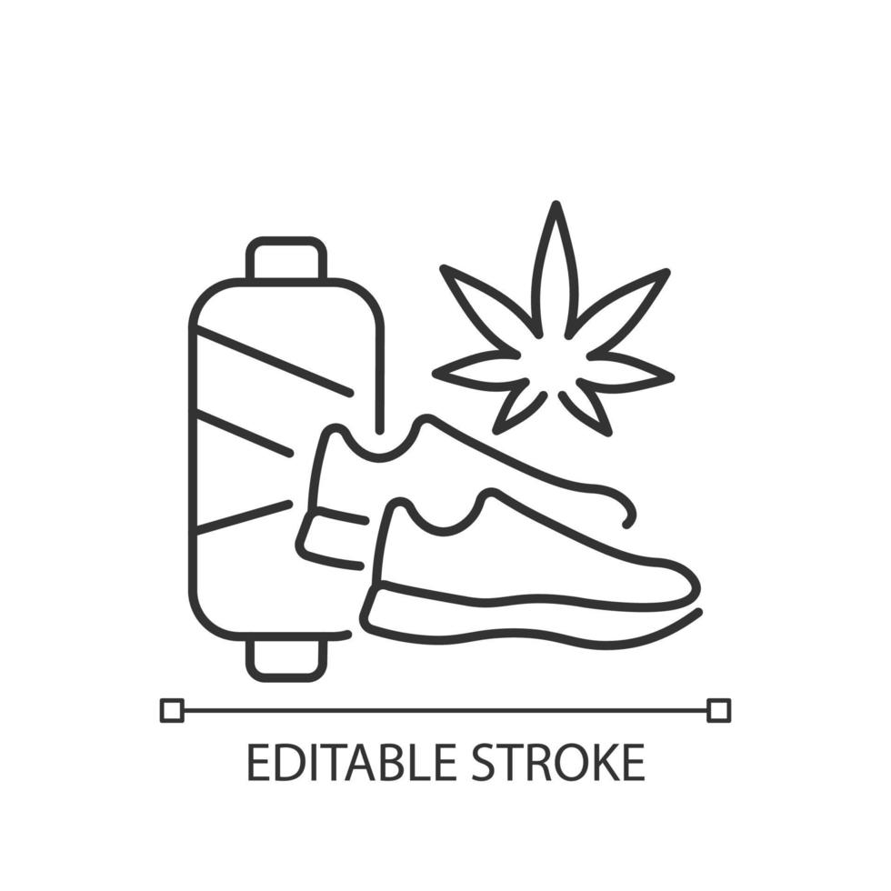 Cannabis shoes linear icon. Sustainable footwear manufacturing. Vegan weed sneakers. Thin line customizable illustration. Contour symbol. Vector isolated outline drawing. Editable stroke