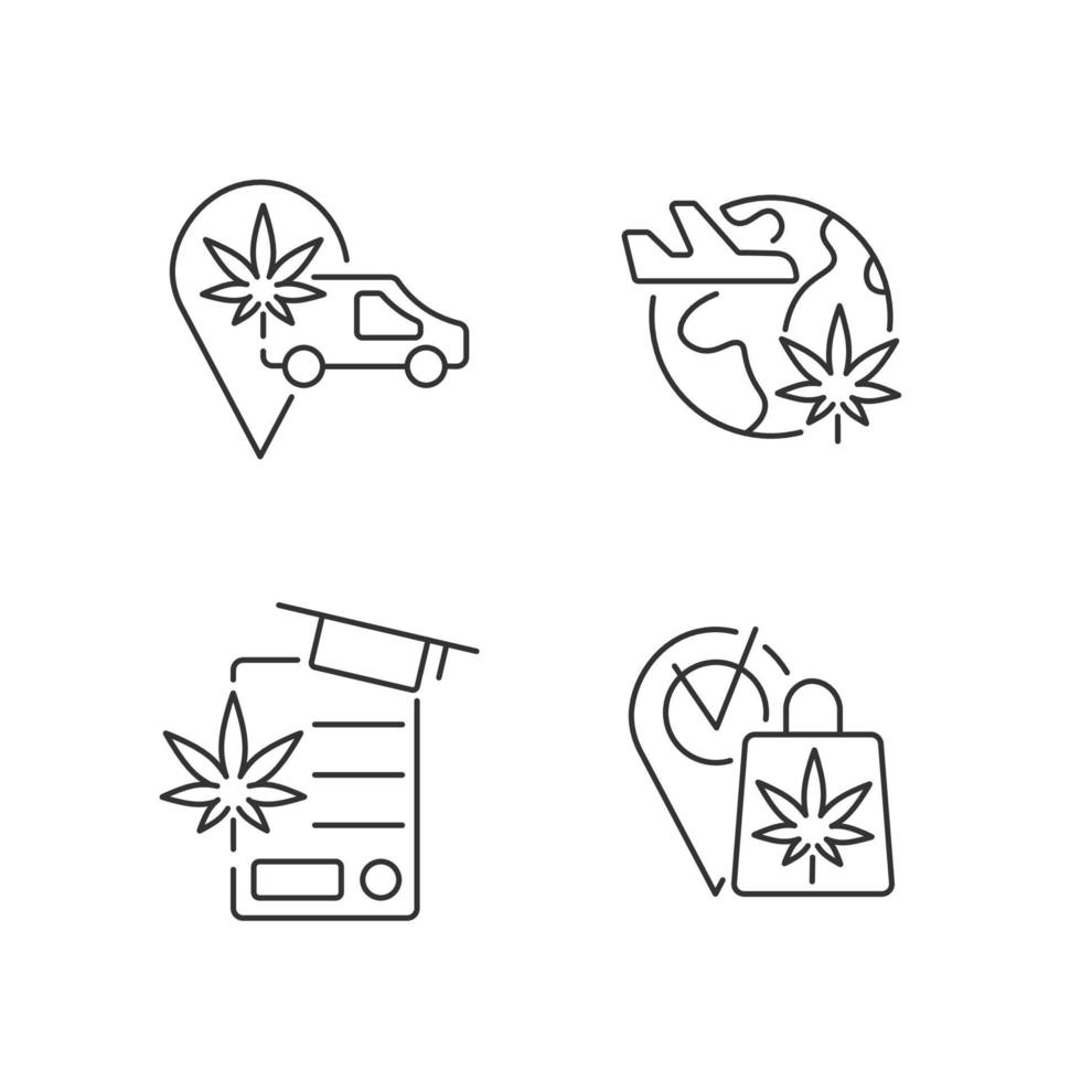 Worldwide cannabis industry linear icons set. Marijuana transportation. Travel industry. Cannabis store. Customizable thin line contour symbols. Isolated vector outline illustrations. Editable stroke