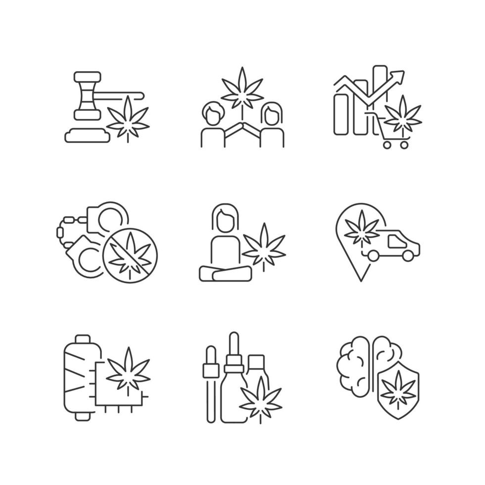 Marijuana plant use linear icons set. Cannabis laws. Herbal medicine. Hemp fabric. Mental health benefit. Customizable thin line contour symbols. Isolated vector outline illustrations. Editable stroke