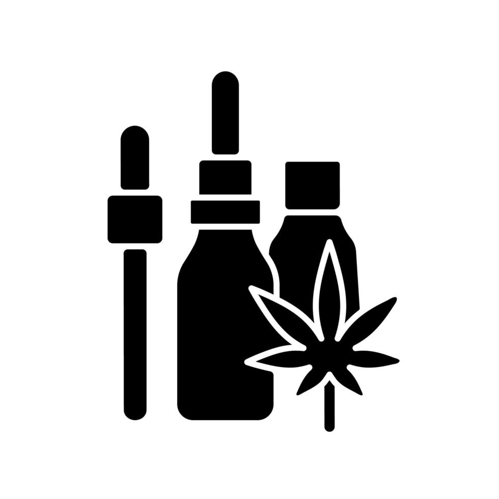 icono de glifo negro de tintura de aceite de cáñamo. extracto de marihuana. cannabis medicinal. líquido concentrado. alivio de la ansiedad. producto natural. símbolo de silueta en el espacio en blanco. vector ilustración aislada