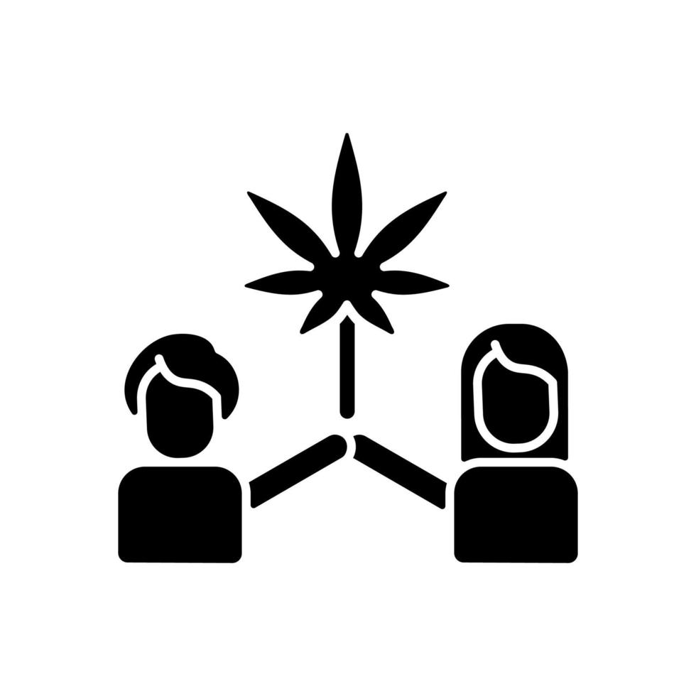 Cannabis culture black glyph icon. Recreational marijuana use. Social movement. Legal consumption. Psychoactive and medicinal purposes. Silhouette symbol on white space. Vector isolated illustration