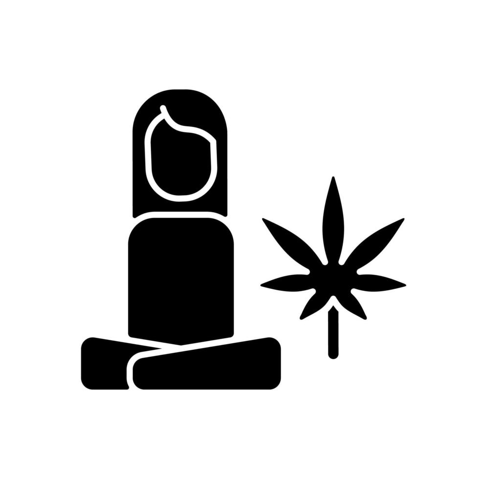 Cannabis stress therapy black glyph icon. Mental health benefits. Depression, anxiety treatment. Medicinal herb. Antidepressant effect. Silhouette symbol on white space. Vector isolated illustration