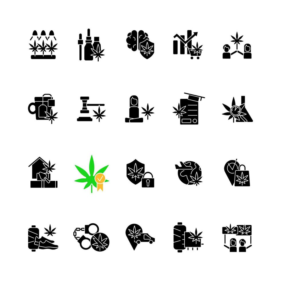 Cannabis in everyday life black glyph icons set on white space. Marijuana cultivation. Legalizing hemp worldwide. Health benefits. Sustainable product. Silhouette symbols. Vector isolated illustration