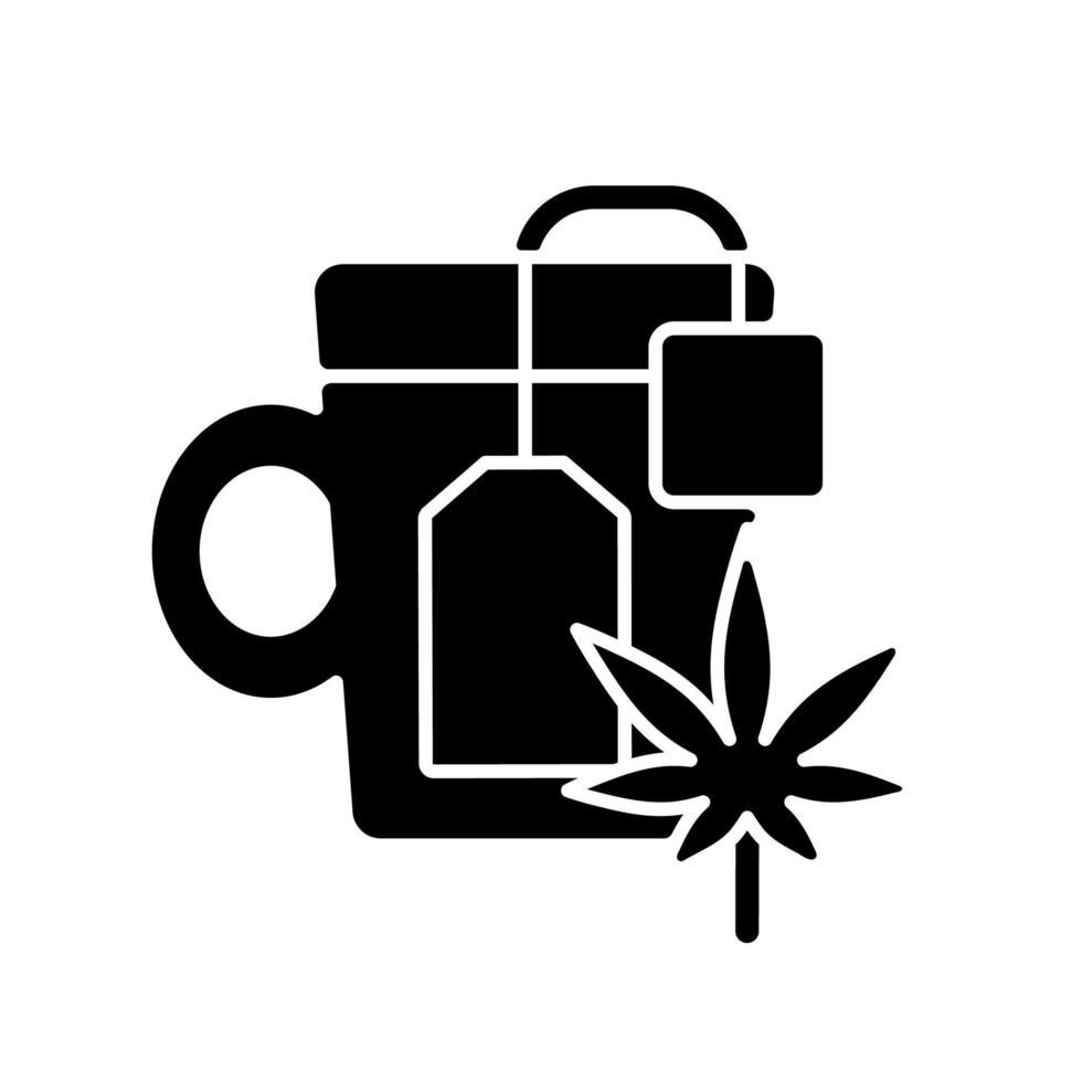Weed tea black glyph icon. Medical cannabis decoction. Drinking herbal beverage. Depression, pain relief. Healthy cannabis-infused drink. Silhouette symbol on white space. Vector isolated illustration