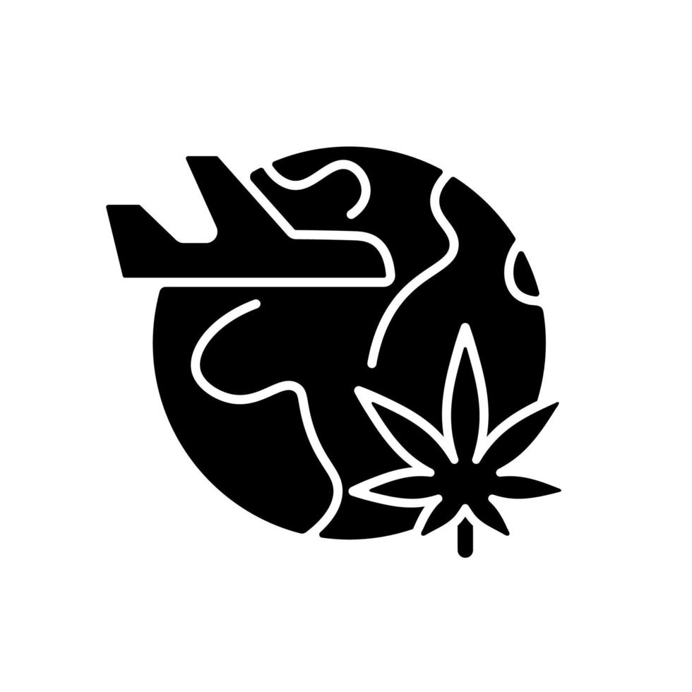 Cannabis tourism black glyph icon. Marijuana tours. Travel industry. Cannabis tourist attraction. Legalization benefit for business. Silhouette symbol on white space. Vector isolated illustration