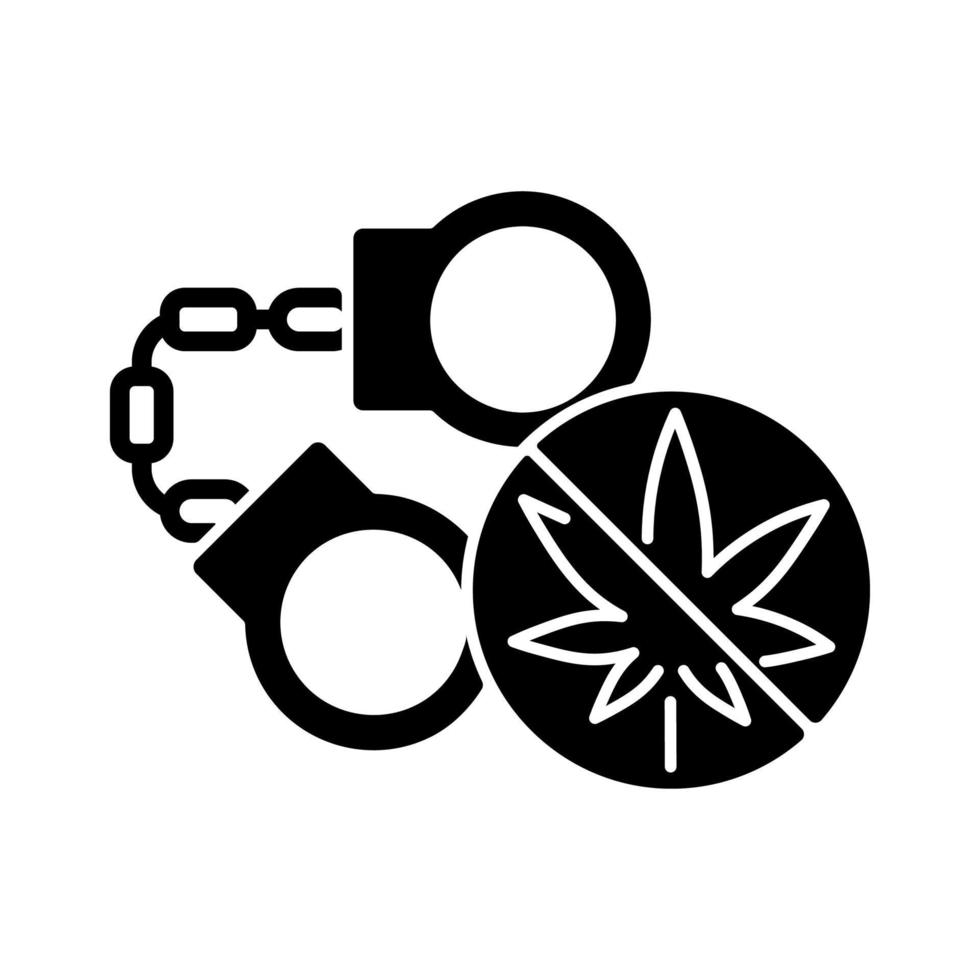 Marijuana arrests black glyph icon. Drug law violation. Cannabis criminalization. Criminal penalties. Marijuana possession crimes. Silhouette symbol on white space. Vector isolated illustration