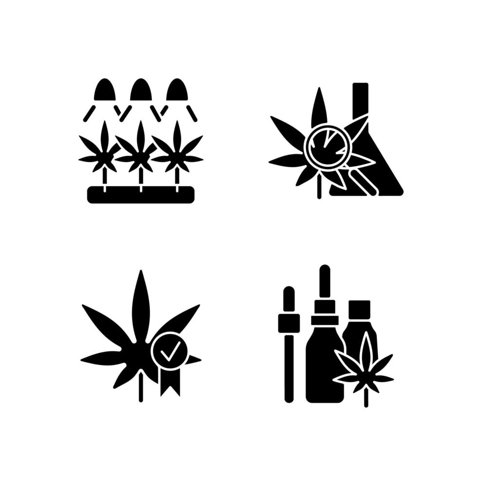 Cannabis growing black glyph icons set on white space. Medical research. Quality certification. Hemp oil tincture. Marijuana seeds germination. Silhouette symbols. Vector isolated illustration