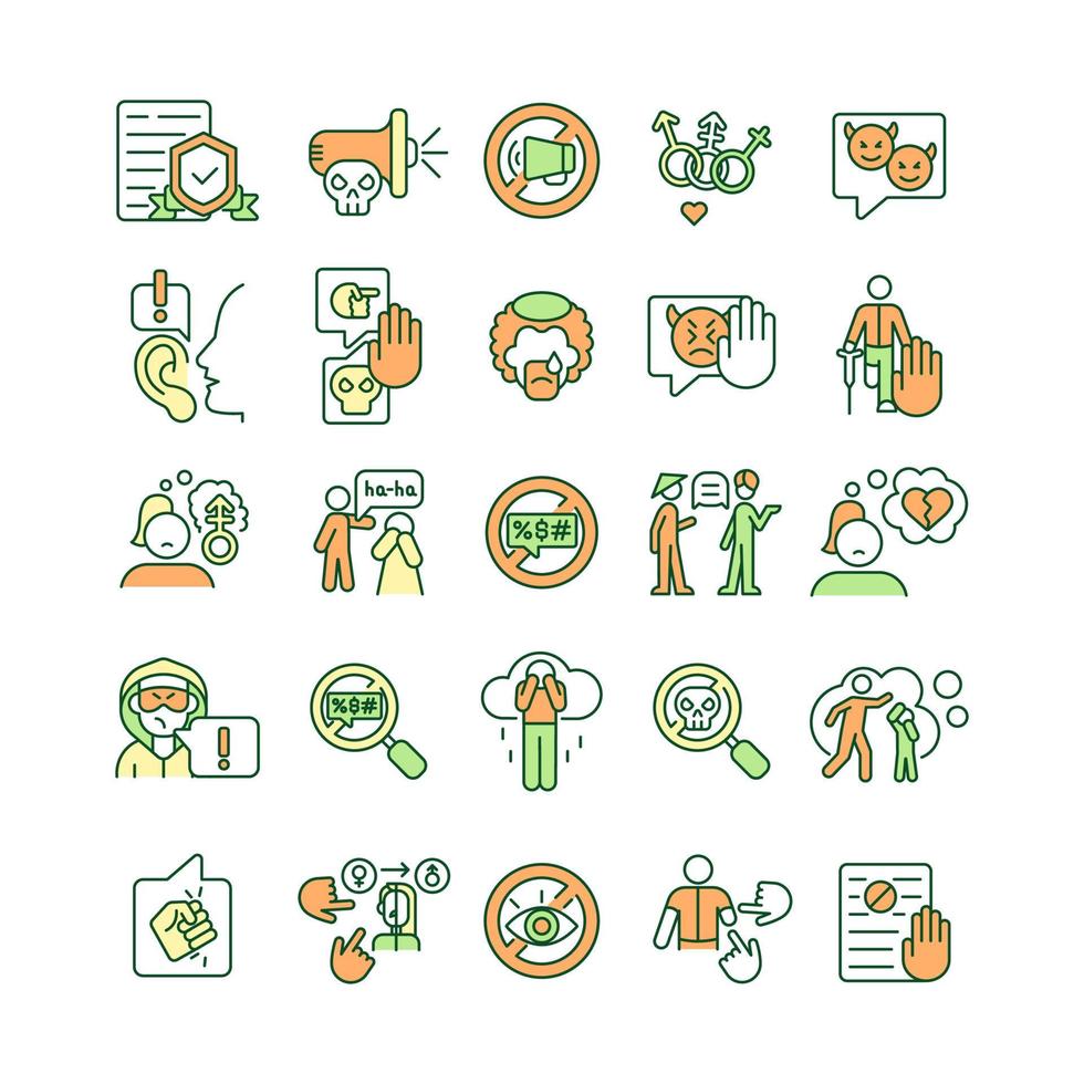 Verbal aggressiveness RGB color icons set. Detecting hate speech. Gender-based violence. Cyberbullying in social media. Isolated vector illustrations. Simple filled line drawings collection