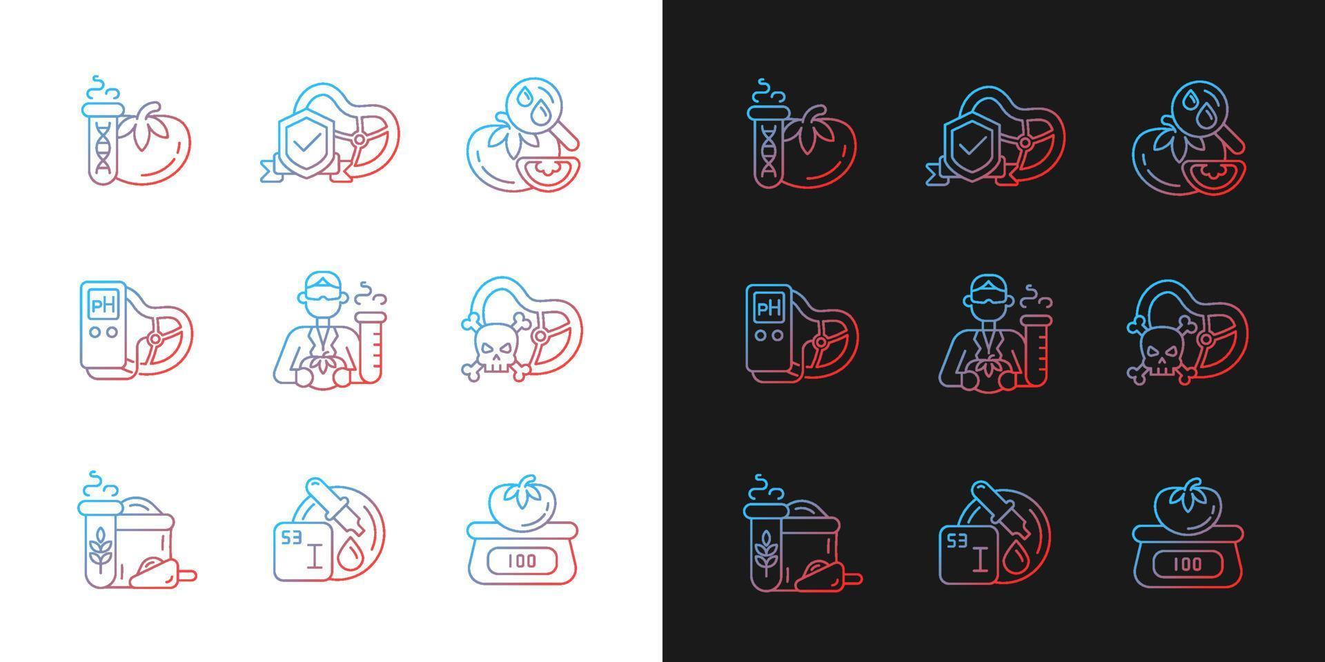 Organic products testing gradient icons set for dark and light mode. Physical analysis. Thin line contour symbols bundle. Isolated vector outline illustrations collection on black and white