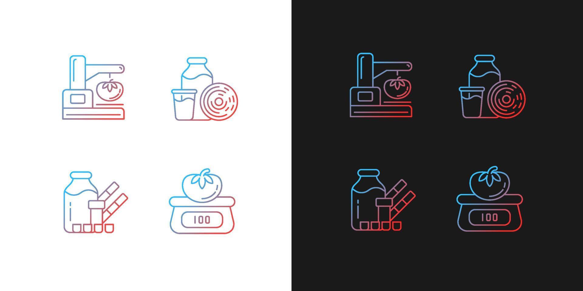 Food physical property test gradient icons set for dark and light mode. Weighing and measuring. Thin line contour symbols bundle. Isolated vector outline illustrations collection on black and white