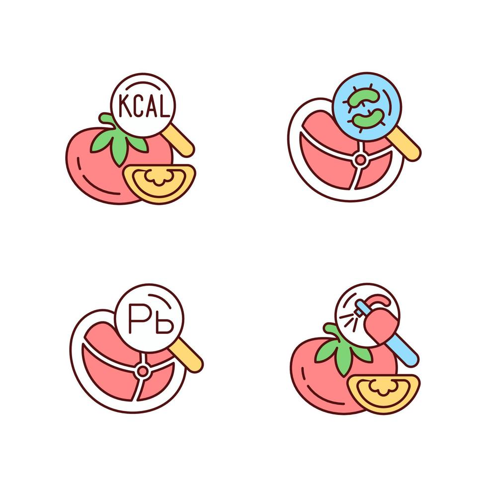 Food contaminant testing RGB color icons set. Heavy metals and pesticide detection. Product content analysis. Isolated vector illustrations. Simple filled line drawings collection. Editable stroke
