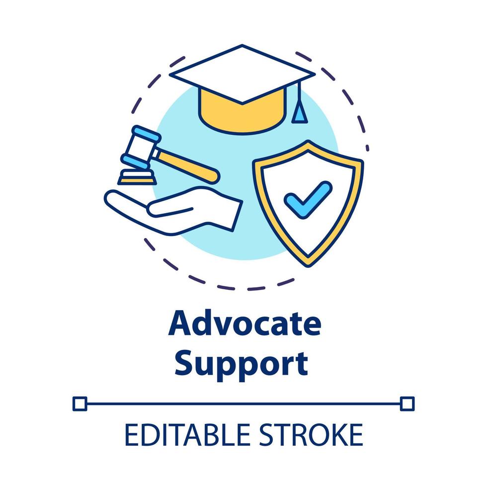 Advocate support concept icon. Legal assistance for students. Education contract. Lawyer consultation idea thin line illustration. Vector isolated outline RGB color drawing. Editable stroke