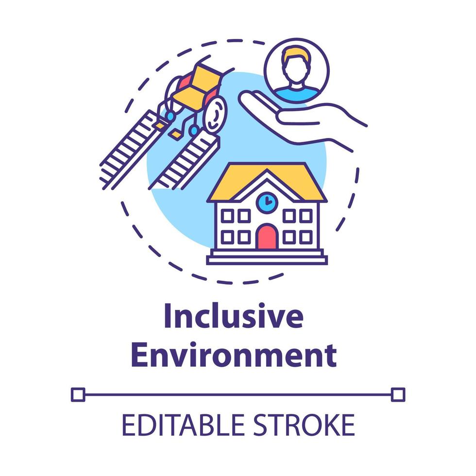 Inclusive environment concept icon. Support for students with special needs. Aid for disabled people idea thin line illustration. Vector isolated outline RGB color drawing. Editable stroke