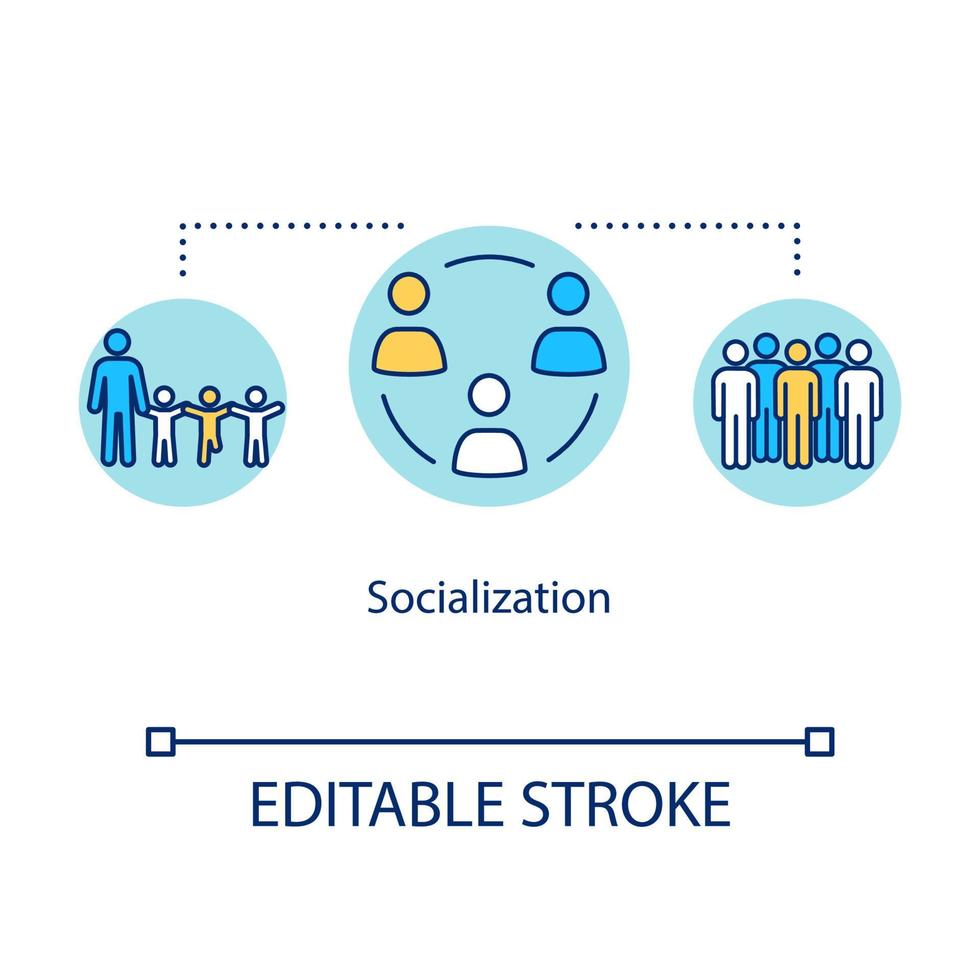 Socialization concept icon. Diversity in school group. Inclusive education. Adult adaptation. Communication idea thin line illustration. Vector isolated outline RGB color drawing. Editable stroke